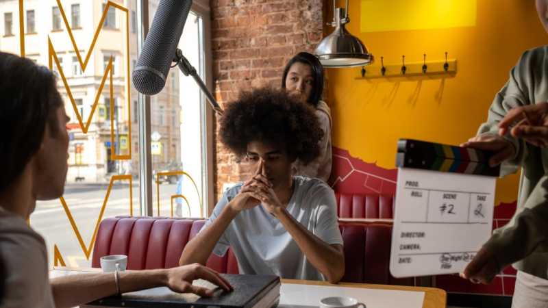 Directing a scene in a coffee shop