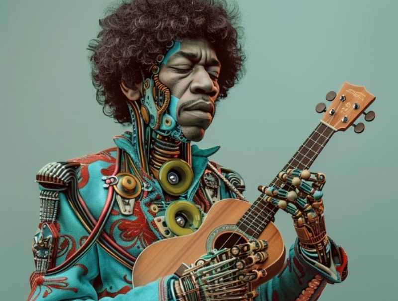 Half robot half Jimi Hendrix playing a ukelele
