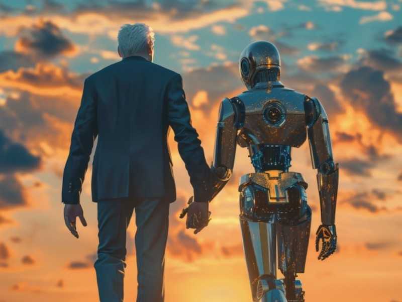 Researcher and robot hand in hand walking into sunset