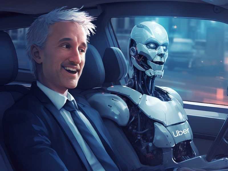 Tom in the car with an Uber robot
